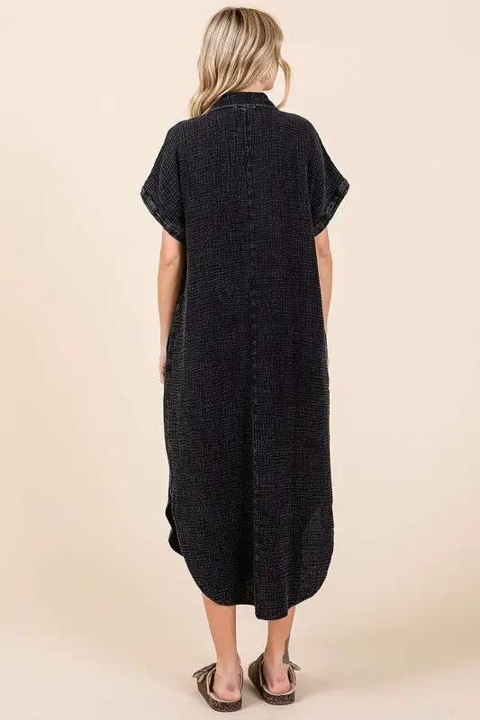 Mittoshop Mineral Wash V Neck Button Up Midi Shirt Dress