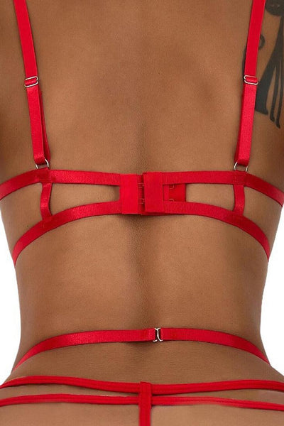 Red Lace Crochet Strappy Crotchless Garter Thong Bodysuit Sexy Lingerie - AMIClubwear