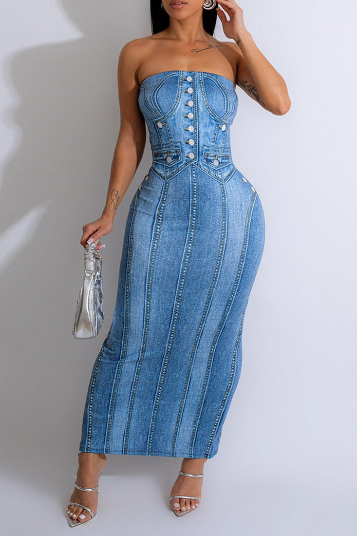 Blue Denim Print Strapless Sexy Fitted Full Length Maxi Party Dress