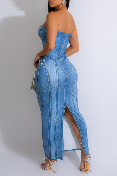 Blue Denim Print Strapless Sexy Fitted Full Length Maxi Party Dress