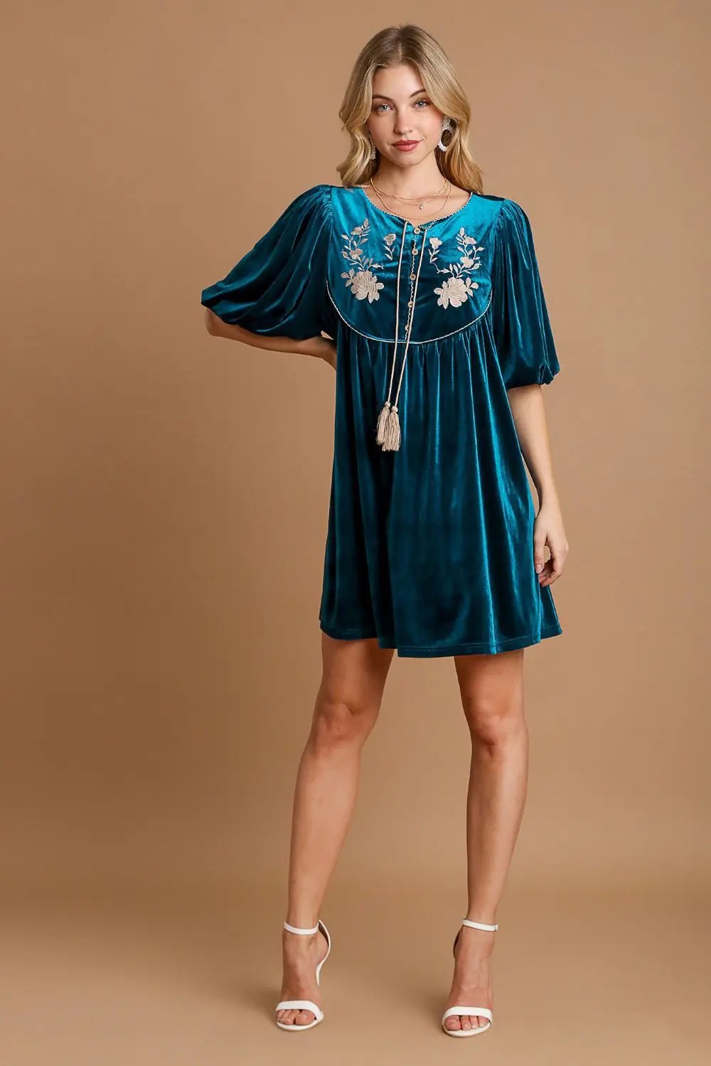 Umgee Embroidered Half Sleeve Velvet Mini Dress with Tassel