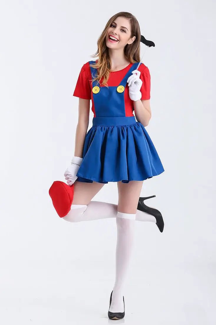Red Short Sleeves Skirt Fitted Sexy Mario Costume W/Hat