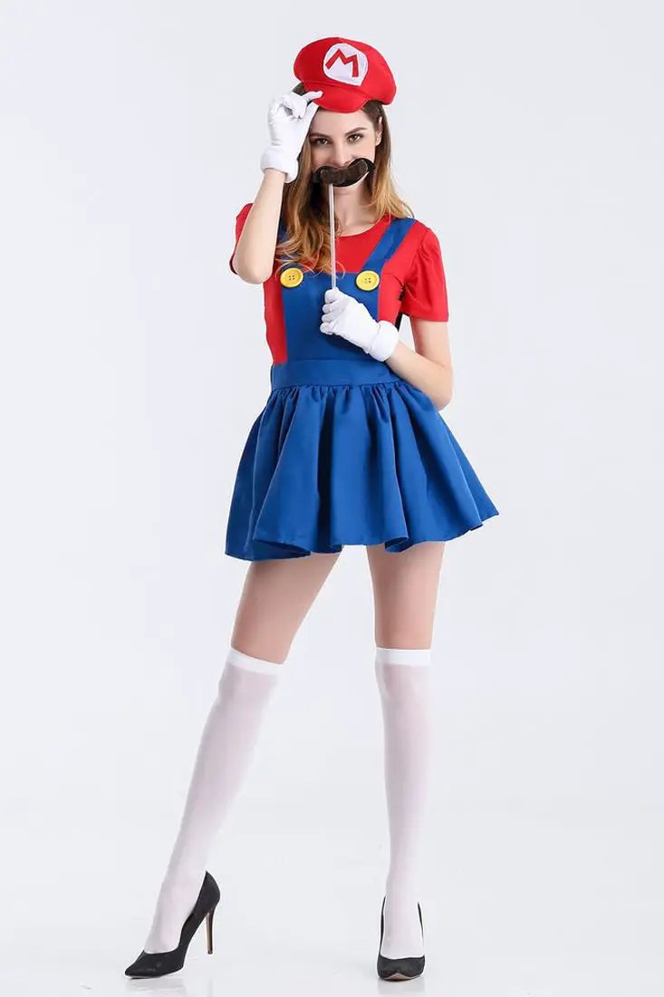 Red Short Sleeves Skirt Fitted Sexy Mario Costume W/Hat