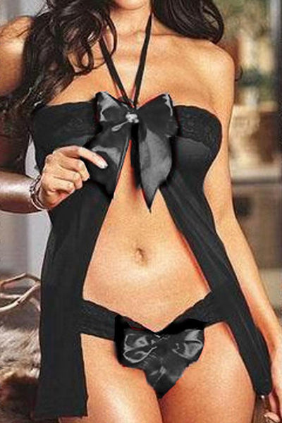 Black Bow Halter Crotchless Underwear 2Pc Sexy Lingerie Set - AMIClubwear