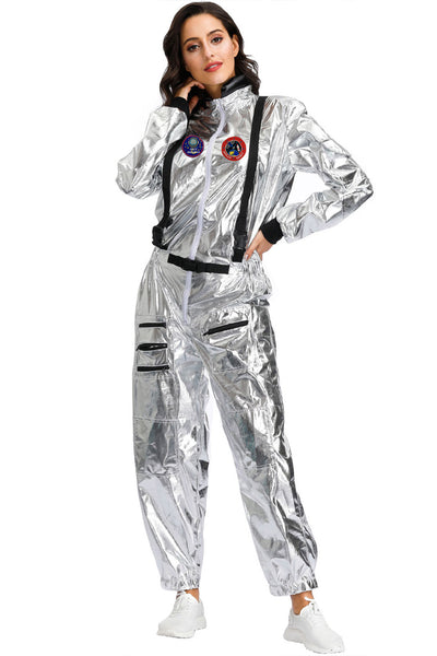 Silver Metallic Zipper Long Sleeve Full Length Cinched Astronaut Costume