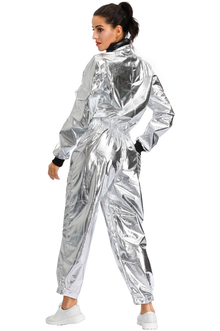 Silver Metallic Zipper Long Sleeve Full Length Cinched Astronaut Costume