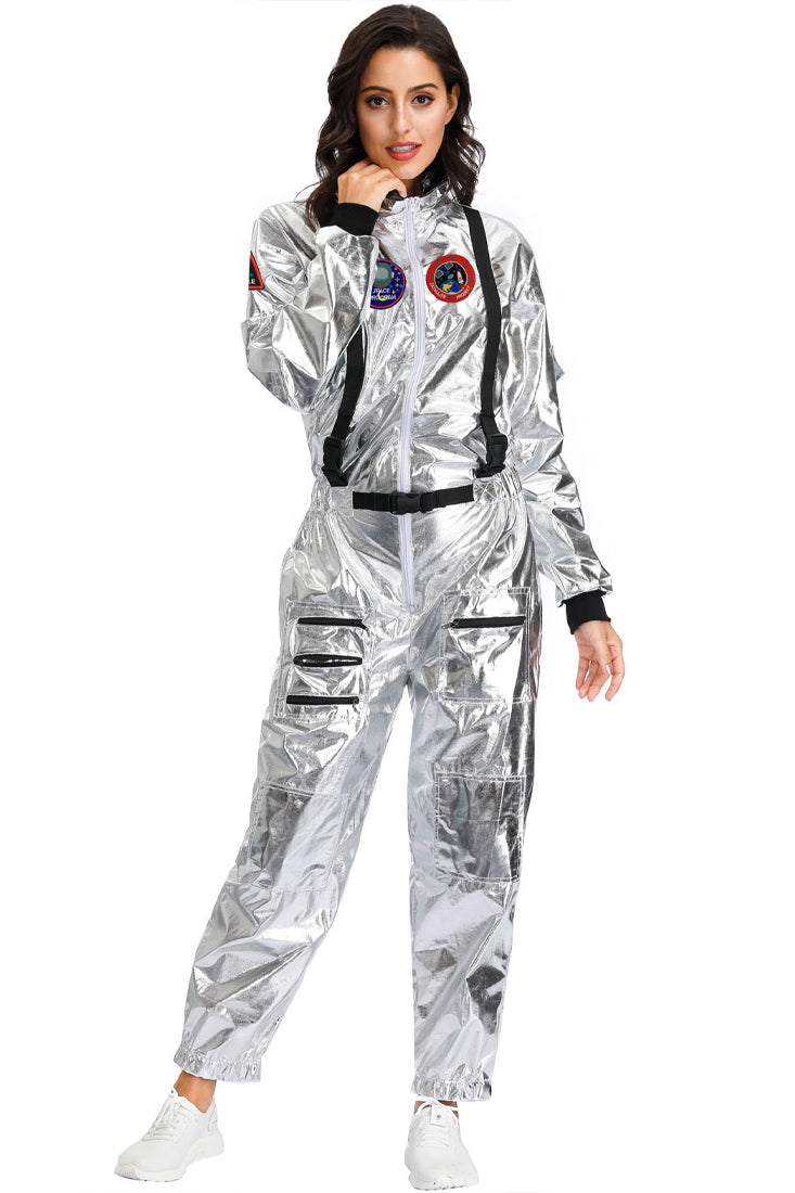 Silver Metallic Zipper Long Sleeve Full Length Cinched Astronaut Costume