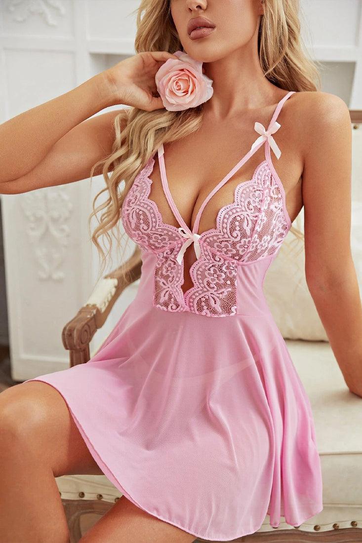 Pink Lace Mesh Strappy Teddy 2Pc Lingerie Set - AMIClubwear