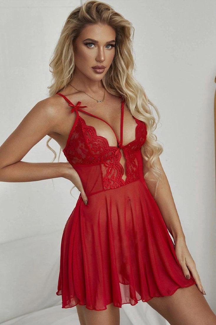 Red Lace Mesh Strappy Teddy 2Pc Lingerie Set