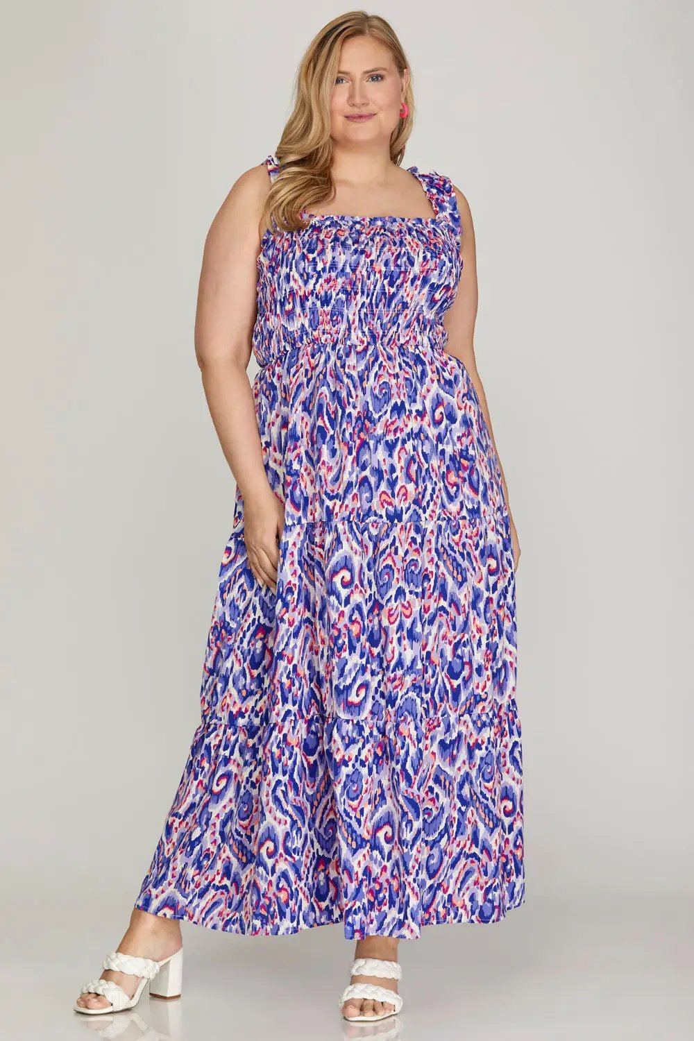 She + Sky Full Size Smocked Printed Wide Strap Tiered Dress Plus Size