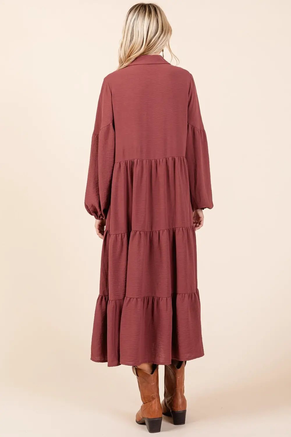 Mittoshop Tiered Button Down Long Sleeve Midi Dress