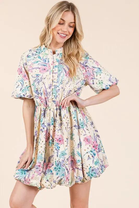 GeeGee Floral Eyelet Lace Puff Sleeve Mini Shirt Dress