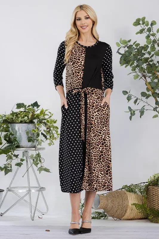 Celeste Full Size Multi Pattern Front Tie Midi Dress Plus Size