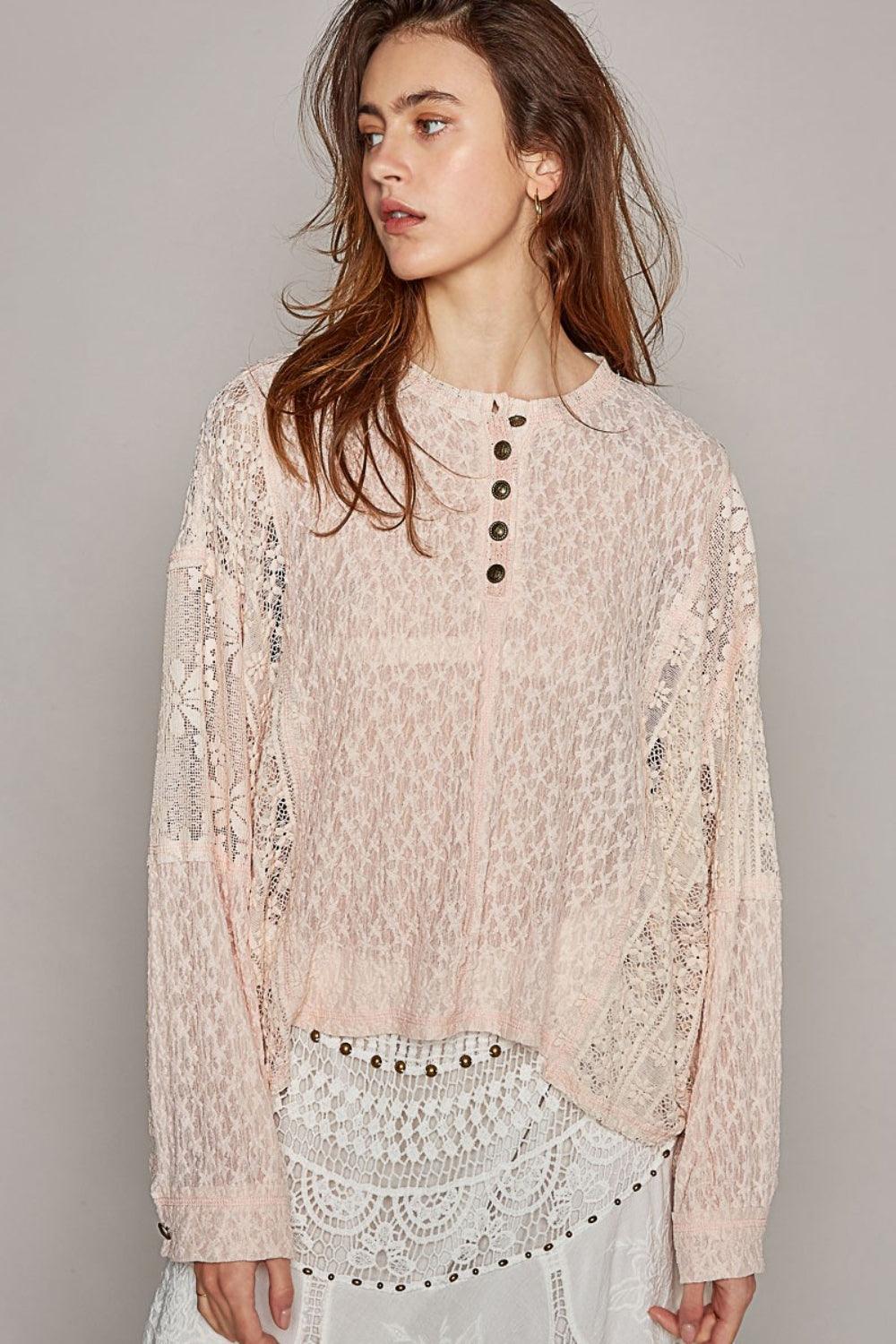 POL Round Neck Long Sleeve Raw Edge Lace Top - AMIClubwear