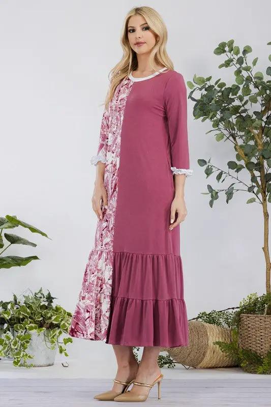 Celeste Full Size Contrast Tie Dye Ruffled Midi Dress Plus Size