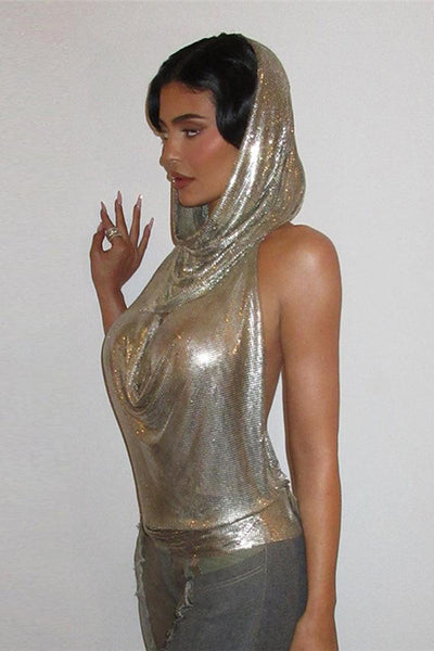 Silver Metallic Halter Hooded Backless Chain Party Club Top - AMIClubwear