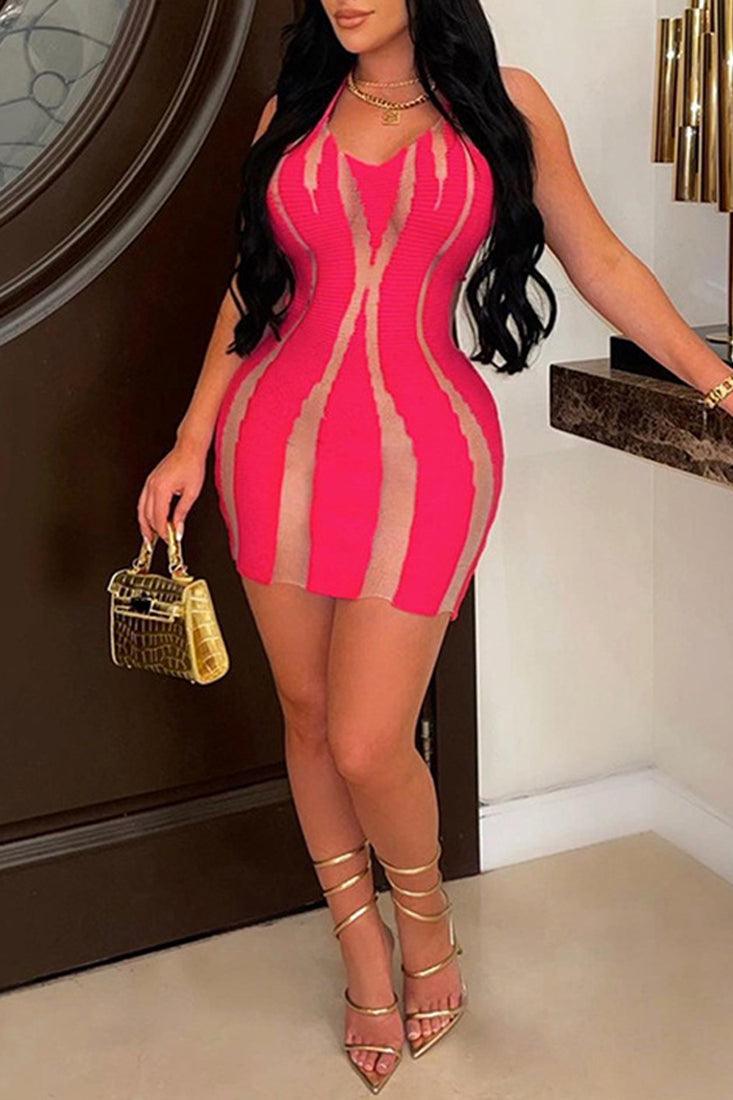 Pink Cut Out Mesh Halter Sexy Club Dress