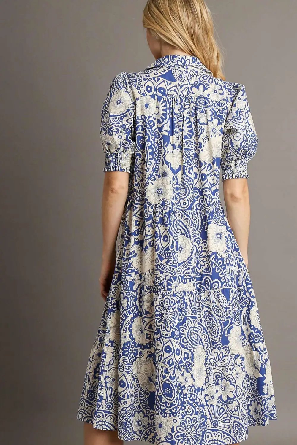 Umgee Full Size Printed Smocked Cuff Puff Sleeve Midi Dress Plus Size