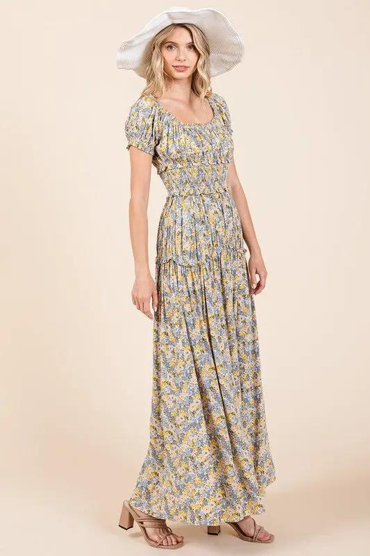 Mittoshop Flower Print Puff Sleeve Gathered Maxi Dress