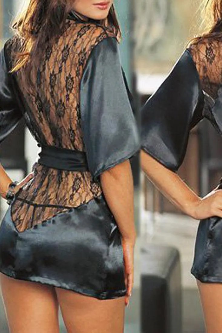 Black Satin Lace Sexy Kimono Robe Lingerie 3Pc Set