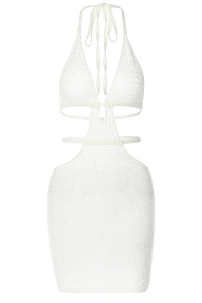 White Crochet Halter Strappy Fitted Sexy Vacay Dress - AMIClubwear