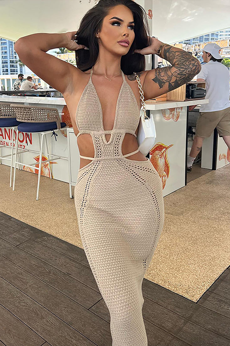 Khaki Crochet Halter Cut-Out Sexy Maxi Vacation Dress