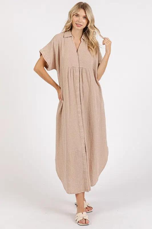 Mittoshop Mineral Wash V Neck Button Up Midi Shirt Dress