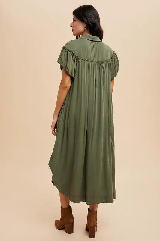 Annie Wear Mineral Washed Button Down Puff Sleeve Shirt Dress