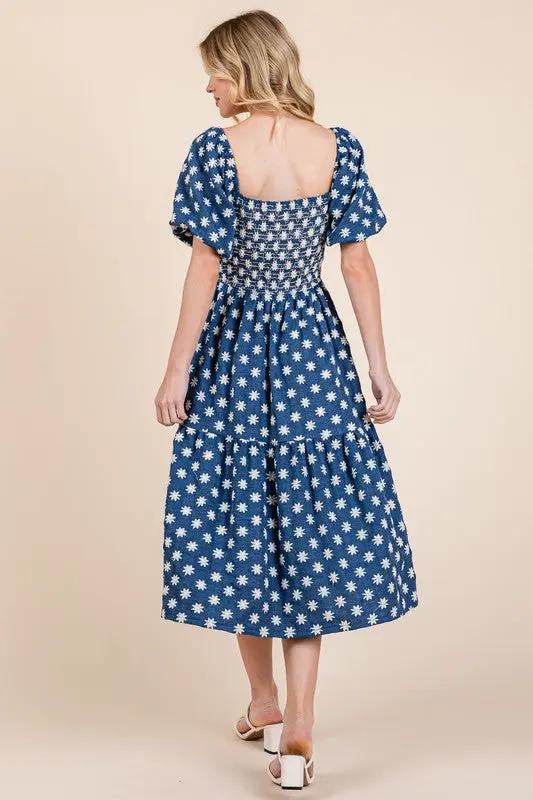 GeeGee Floral Embroidered Smocked Puff Sleeve Tiered Midi Dress
