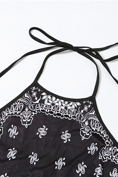 Black White Paisley Print Halter Backless fitted Sexy Party Dress