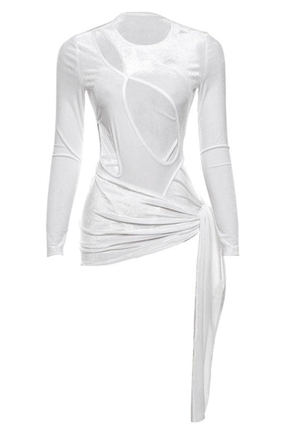 White Velvet Long Sleeve Cut Out Bodysuit Skirt 2 Pc Sexy Outfit Dress - AMIClubwear