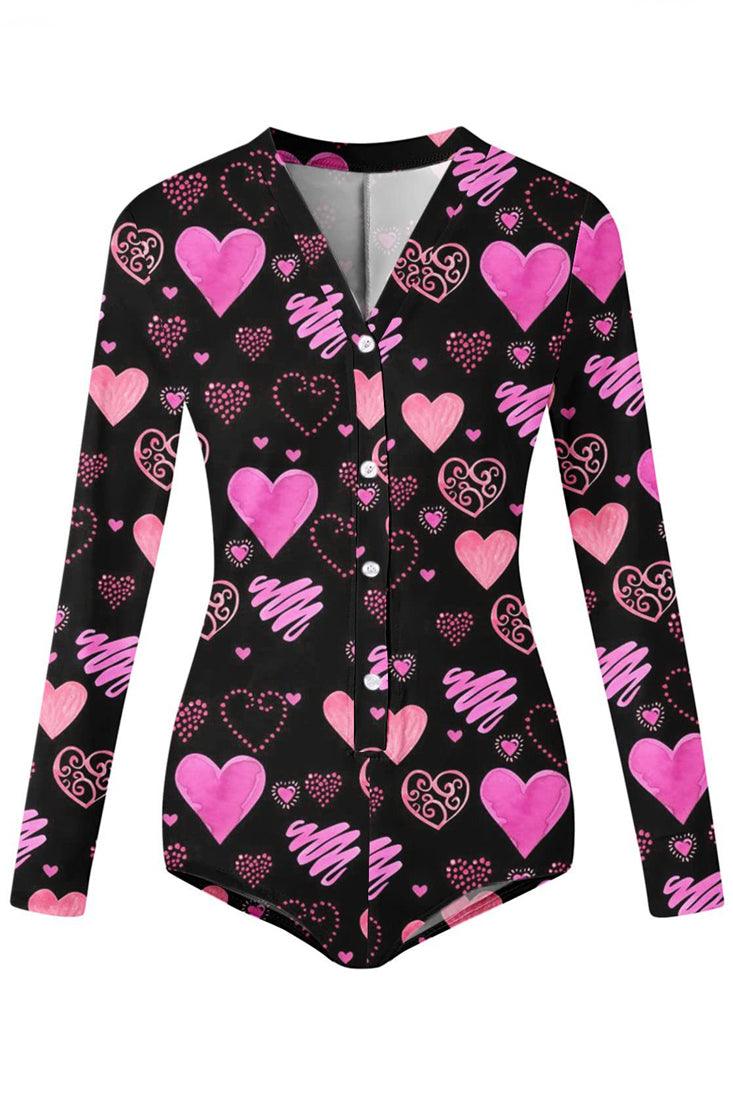 Black Pink Heart Printed Long Sleeve Sexy Fitted Casual Romper PJ - AMIClubwear