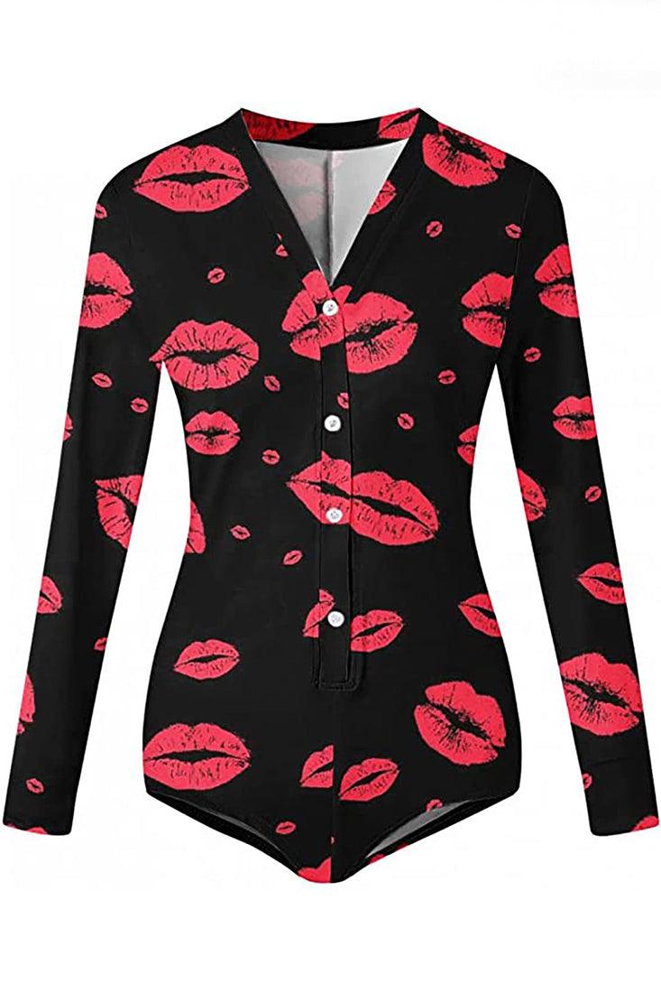 Black Red Lip Printed Long Sleeve Sexy Fitted Casual Romper PJ - AMIClubwear
