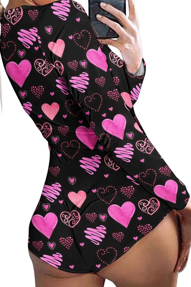 Black Pink Heart Printed Long Sleeve Sexy Fitted Casual Romper PJ - AMIClubwear