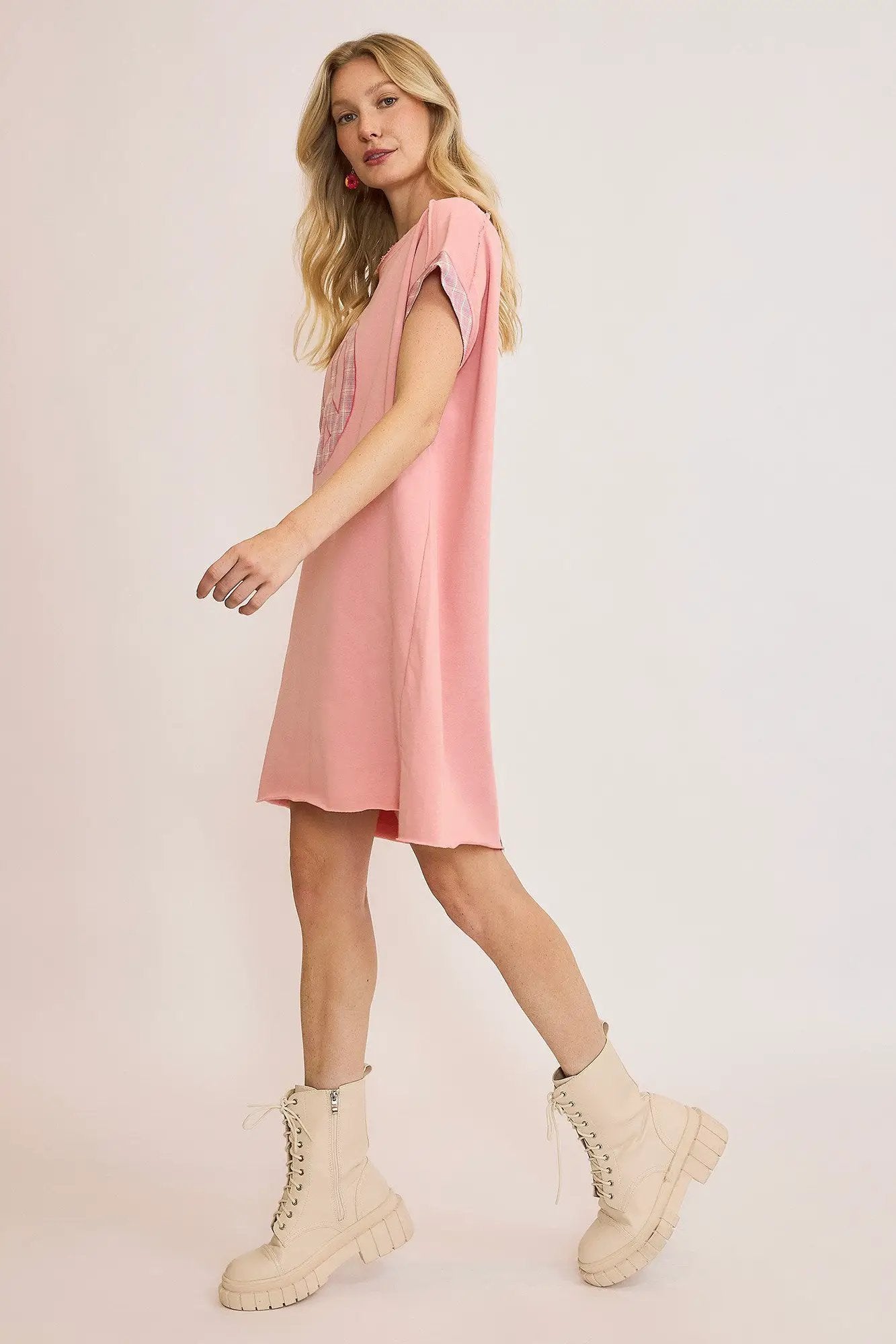 Umgee Peace Plaid Applique Short Sleeve Mini Dress