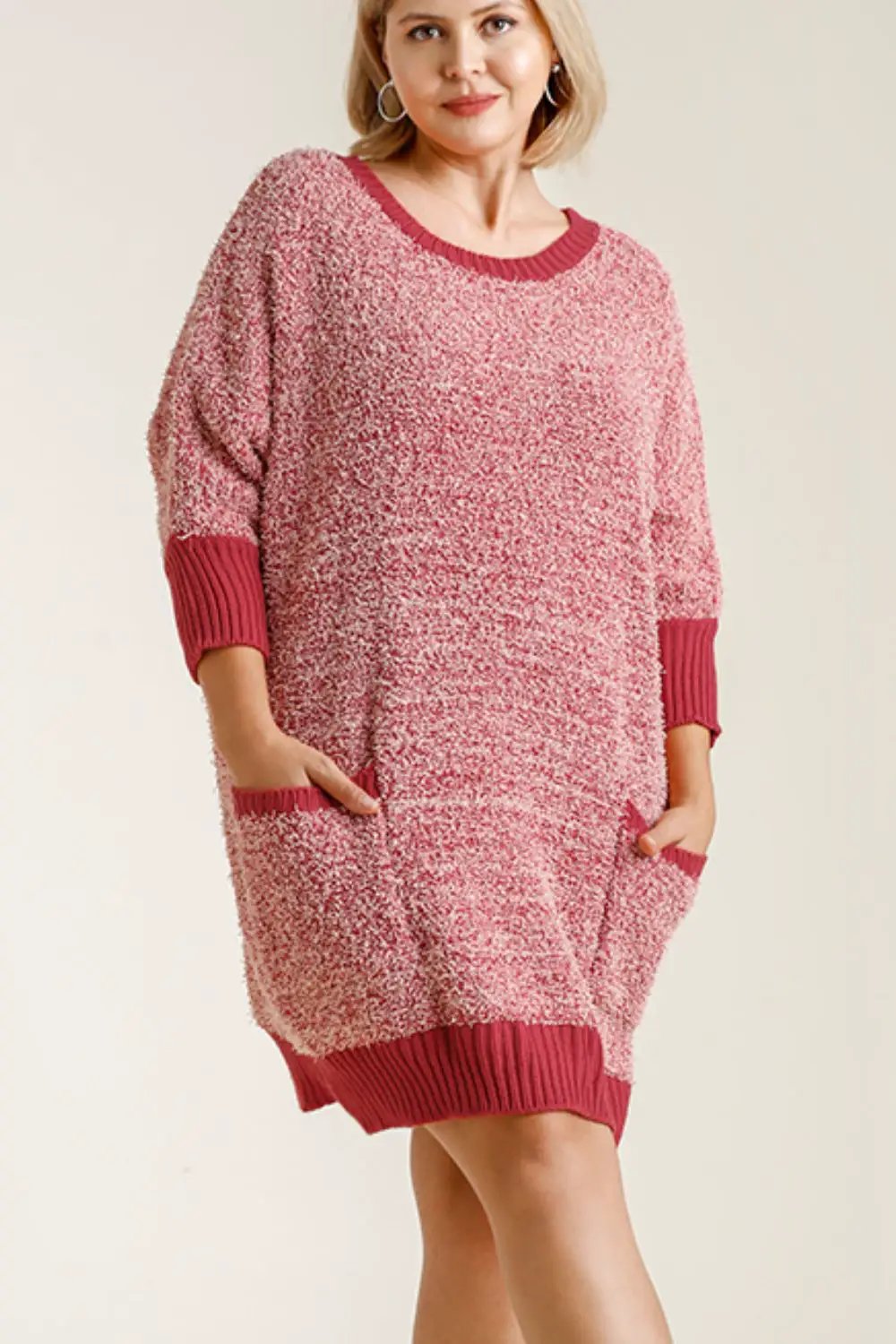 Umgee Full Size Ribbed Hem Round Neck 3/4 Sleeve Sweater Dress with Pockets Plus Size