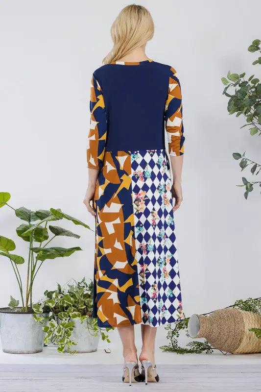 Celeste Full Size Multi Pattern Front Tie Midi Dress Plus Size