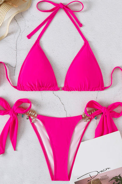 Pink Rhinestone Accent Sexy Two Piece Swimsuit