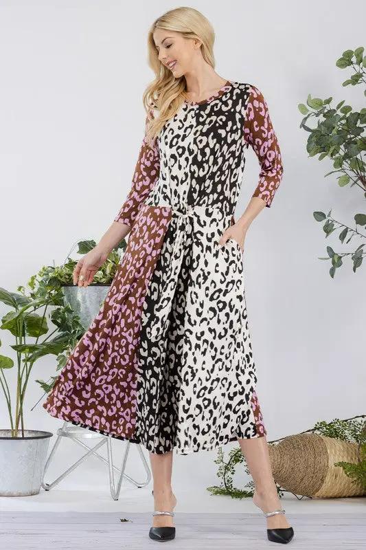 Celeste Full Size Leopard Color Block Front Tie Midi Dress Plus Size