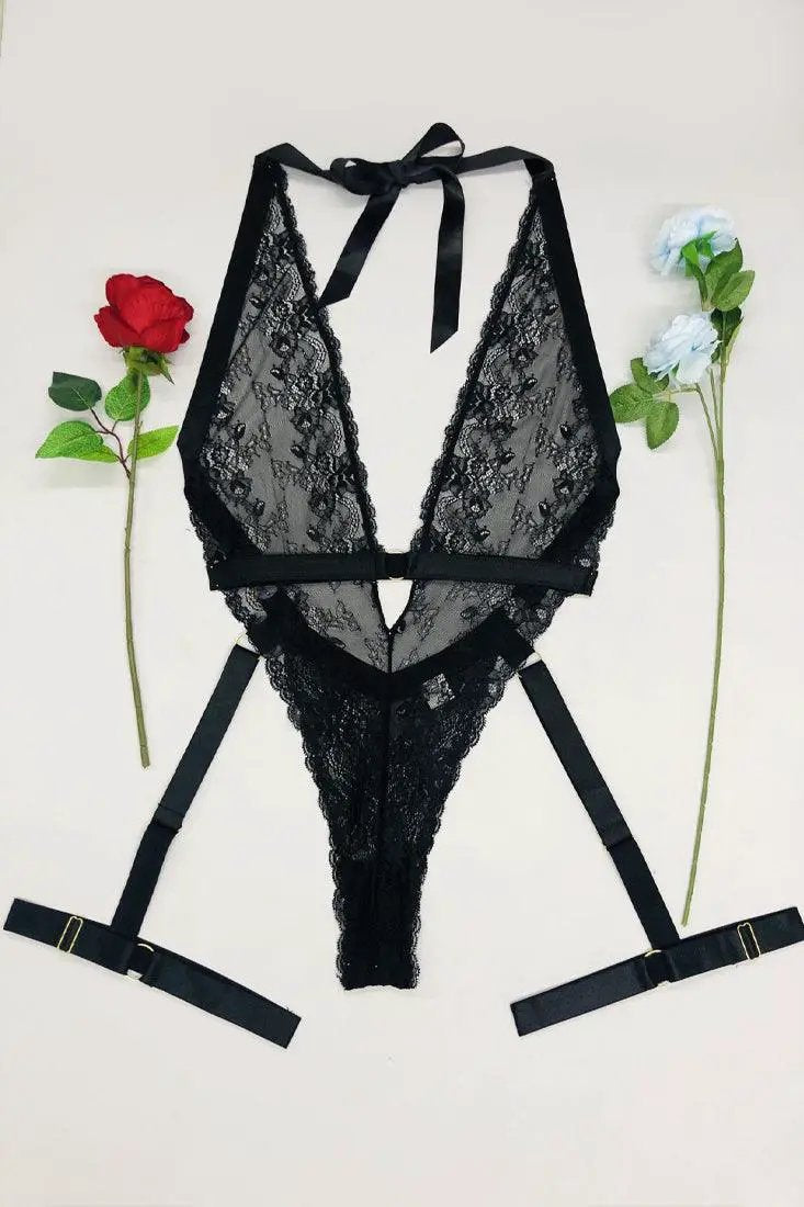 Black Plunging V-Neck Halter O-ring Garter Belt Sexy Lingerie