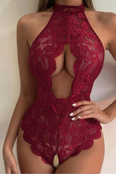 Wine Lace High Neck Halter Cut-Out Crotchless Sexy Lingerie Bodysuit - AMIClubwear