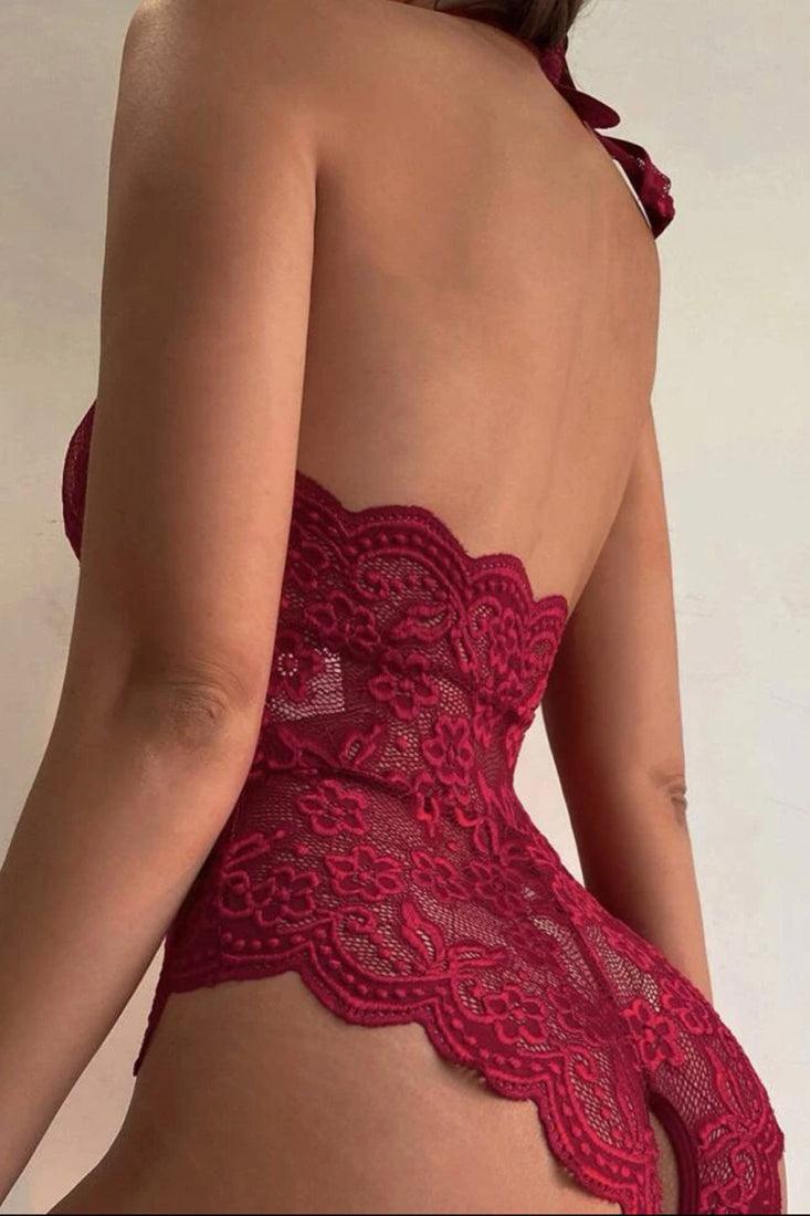 Wine Lace High Neck Halter Cut-Out Crotchless Sexy Lingerie Bodysuit - AMIClubwear