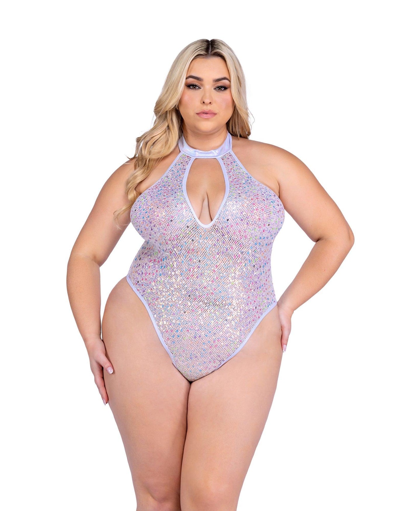 6431 - Sequin Fishnet Keyhole Romper - AMIClubwear