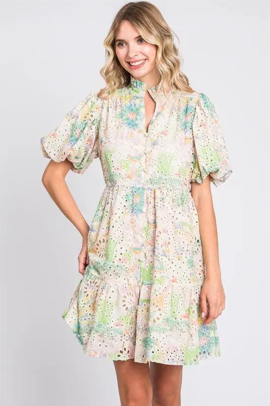 GeeGee Floral Eyelet Lace Puff Sleeve Mini Dress