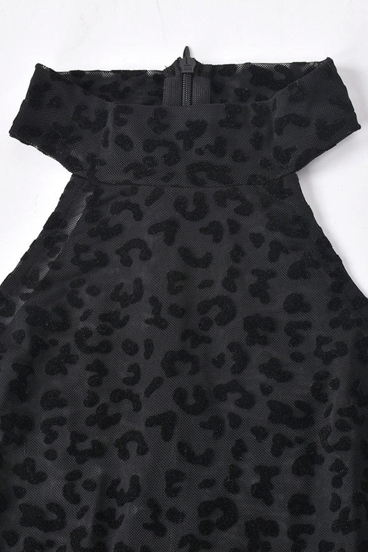 Black Mesh Leopard Velvet Print High Neck Zipper Sexy Dress - AMIClubwear