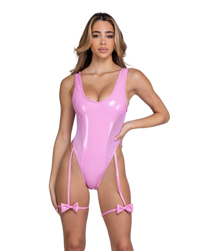 6477 - Vinyl & Fishnet Panel Romper - AMIClubwear