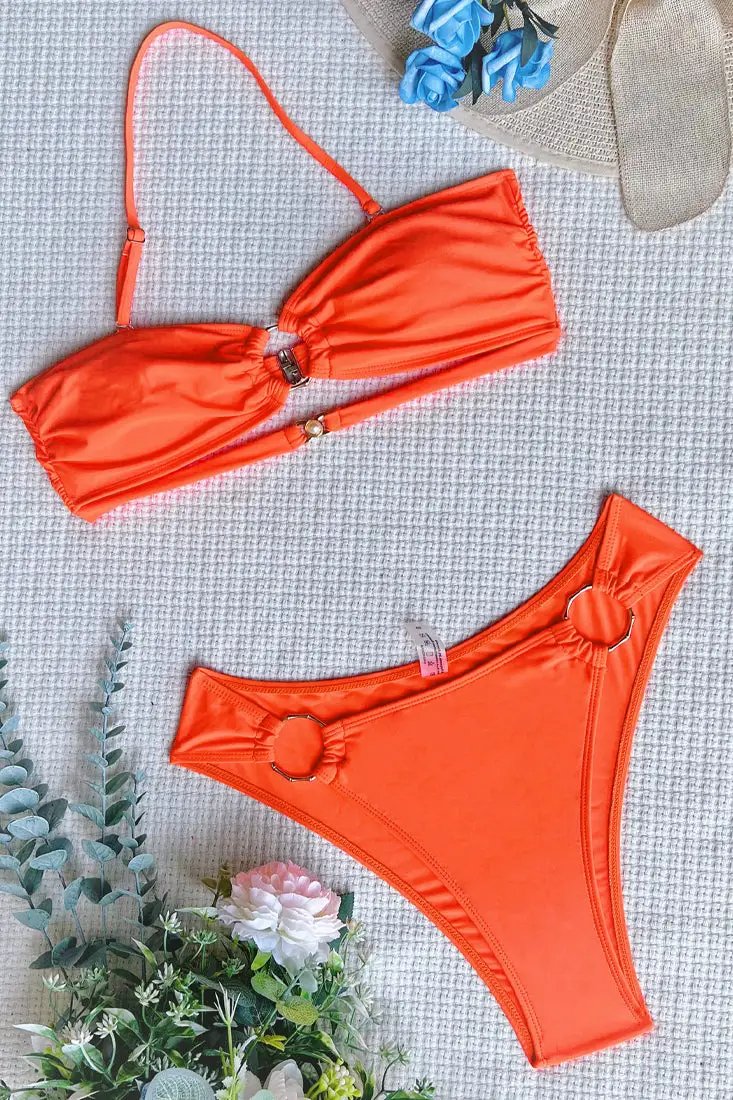 Orange O-Ring Bandeau Pearl High Waist Cheeky Sexy 2Pc Swimsuit