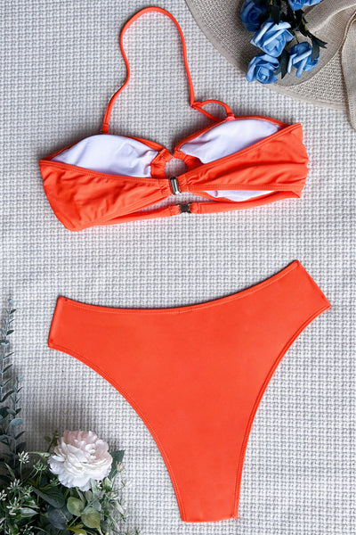 Orange O-Ring Bandeau Pearl High Waist Cheeky Sexy 2Pc Swimsuit