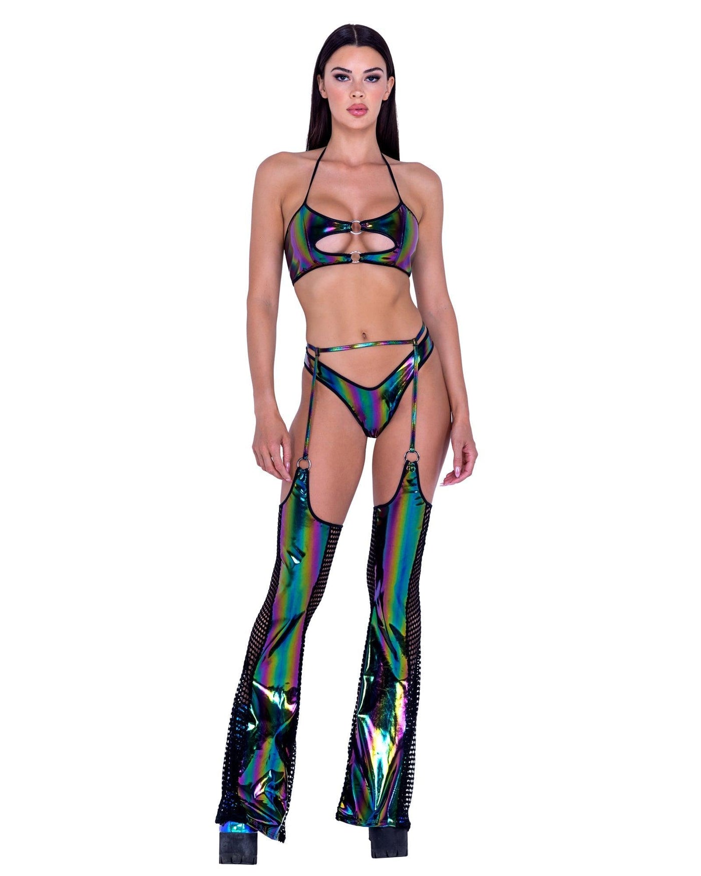 6493 - Rainbow Print Vinyl & Fishnet Chaps - AMIClubwear