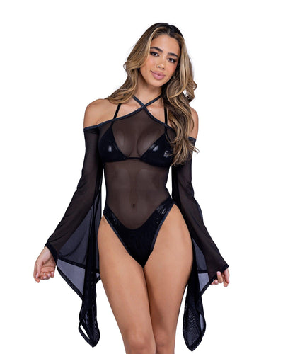 6497 - Sheer Mesh Romper with Bell Sleeves - AMIClubwear